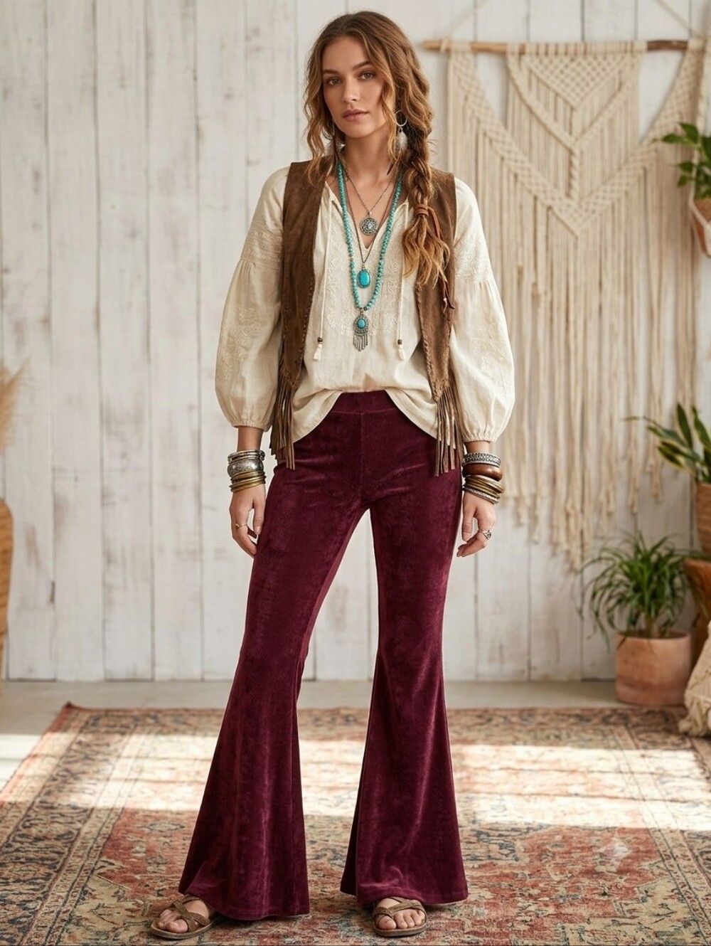 Wine Ribbed Velour Extreme Bell Bottom Flare Pants Maroon Boho Retro 70s